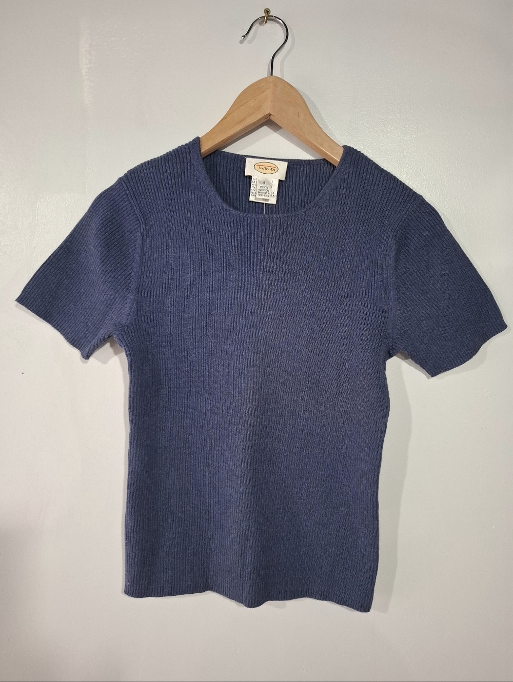 Talbots Vintage Ribbed Crewneck Top - Blue Short Slevess Size S Basic NWT
